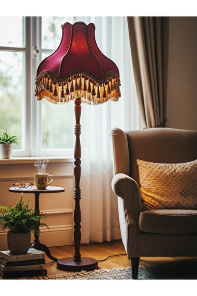 Dekovien Bordo Vintage Lambader Kadife Kumaş Kaplama Ahşap Ayak LM66544