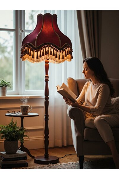 Dekovien Bordo Vintage Lambader Kadife Kumaş Kaplama Ahşap Ayak LM66544