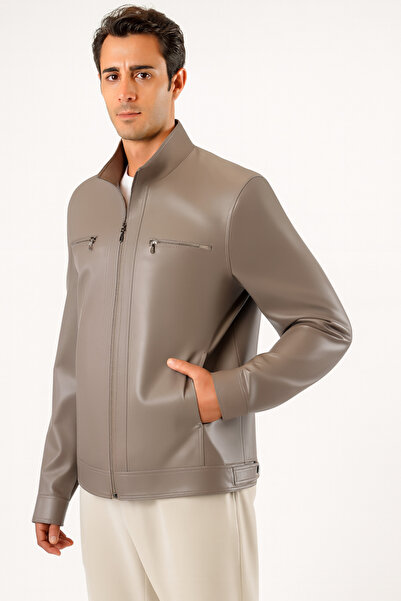 Leather Club Bej Hakiki Deri Ceket