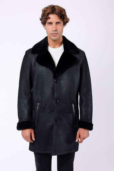 Leather Club Siyah Crack Kürk İçlikli Hakiki Deri Kaban