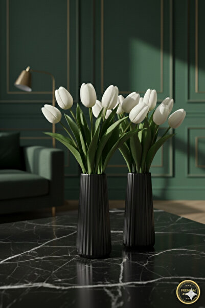 muffag Vază din ipsos realizată manual, neagră, 14 cm