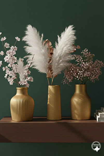 muffag 10 CM 3'lü Gold El Yapımı Alçı Vazo