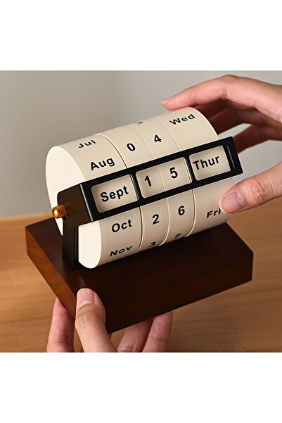 Generic 2026 Retro Mechanical Rotating Wheel Perpetual Calendar with Solid Wood Base Monthly Day Indicator