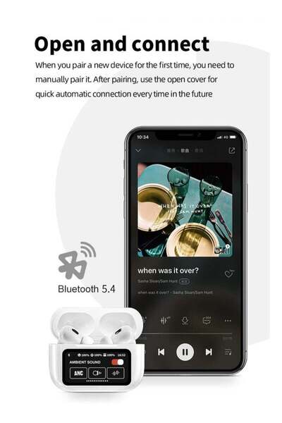 Generic Wireless Earphones Bluetooth 5.4 AI Smart Chip LED Touchscreen - White