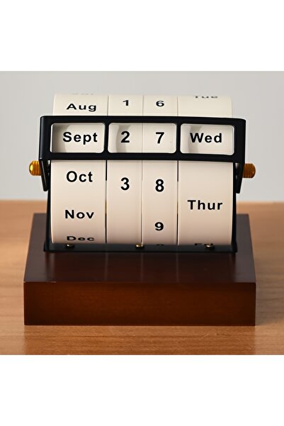 Generic 2026 Retro Mechanical Rotating Wheel Perpetual Calendar with Solid Wood Base Monthly Day Indicator