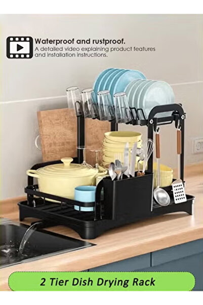 Generic رف أطباق مزدوج الطبقة مع حامل أكواب وصينية وأنبوب تصريف