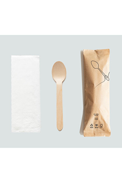 Bitahta Kraft Packaged Wooden Spoon + Napkin Catering Set 100 Pieces - Disposable