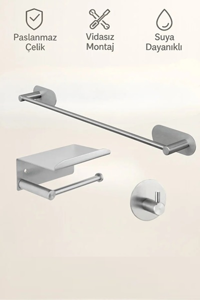bulut art 3'lü Paslanmaz Çelik Yapışkanlı Havlu Askılığı ve Tuvalet Kağıtlığı...