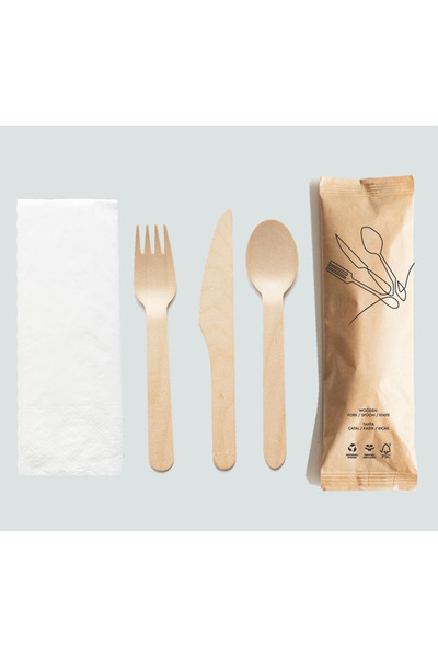 Bitahta Kraft Paper Wrapped Wooden Fork + Knife + Spoon + Napkin Set