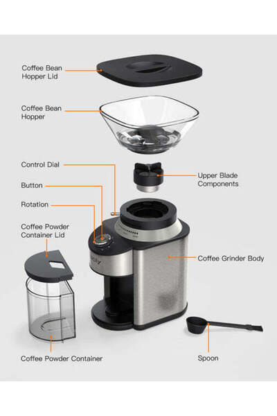 SBOLY Electric stainless steel coffee grinder with 19 precise grind settings for different types of coffee.
