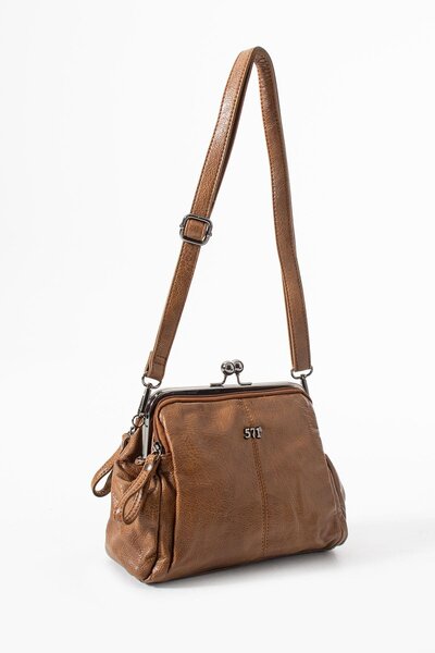 H&D COLLECTİON Washed Leather Clip-On Zippered 3-Compartment Scholarship Shoulder Bag Tan Model: (571-13t)
