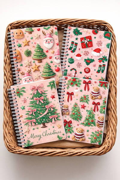 Minnoş Özel Seri A5 Spiralli Okul Defteri 80 yaprak 4’lü Set - Çizgisiz Yeni Yıl Temalı, Yılbaşı Hediye