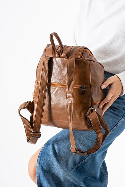 571 Collections Çanta Faux Leather Washed Backpack (Polyurethane) Tan Model: (571-14-16J)