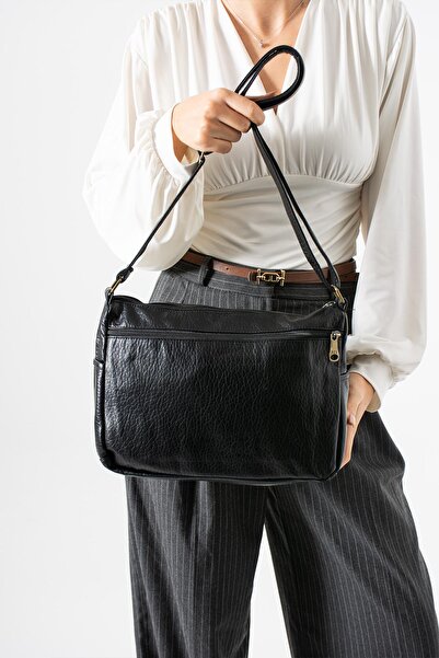H&D COLLECTİON Washed Leather Crossbody Shoulder Bag Polyurethane Leather Black Model:(571-14-16F)