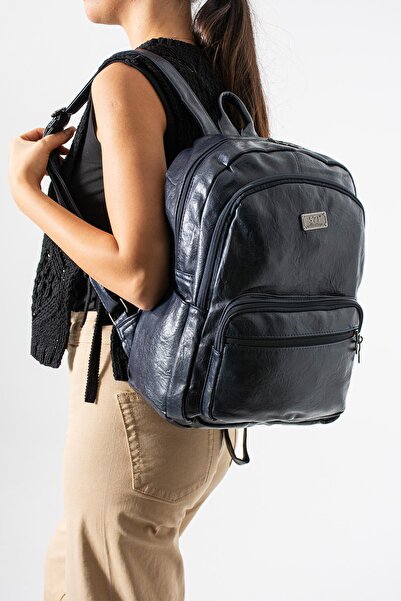 571 Collections Çanta Faux Leather Washed Backpack (Polyurethane) Navy Blue Model: (571-14-16H)