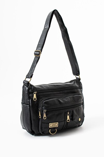 571 Collections Çanta Washed Leather Crossbody Shoulder Bag Polyurethane Leather Black Model:(571-14-16A)