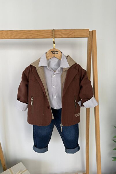 Minigimin Cicileri My Little One's Accessories Hooded Vest Set Jacket Shirt Jean 4-Piece Boy's Combination - Brown