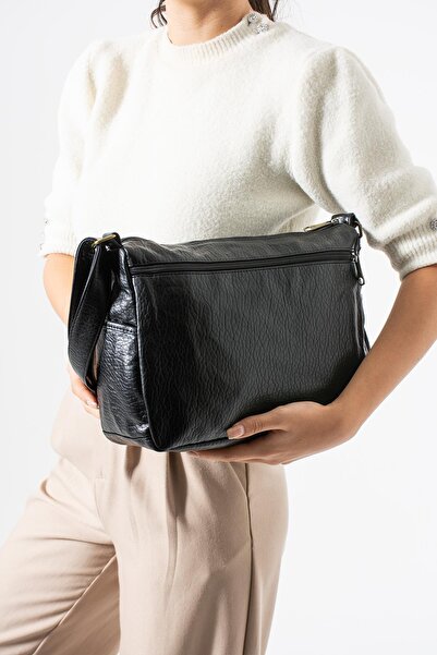 571 Collections Çanta Washed Leather Crossbody Shoulder Bag Polyurethane Leather Black Model:(571-14-16A)