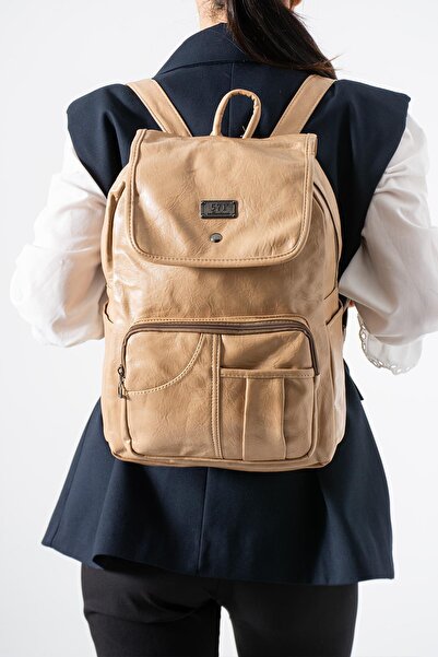 Çanta Trend Faux Leather Washed Backpack (Polyurethane) Beige Model:(571-14-16I)
