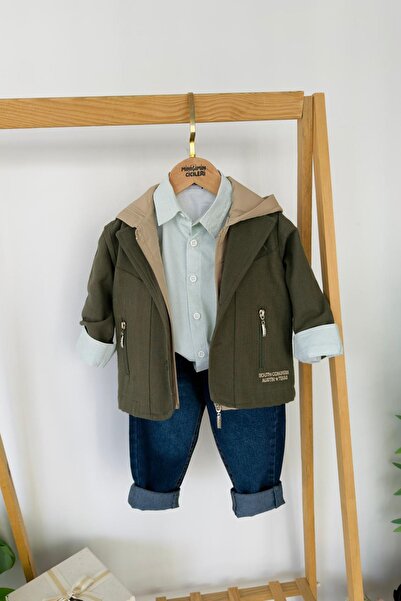 Minigimin Cicileri My Little One's Accessories Hooded Vest Set Jacket Shirt Jean 4-Piece Boy's Combination - Green