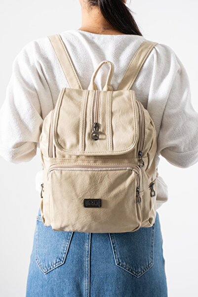 571 Collections Çanta Faux Leather Washed Backpack (Polyurethane) Cream Model...