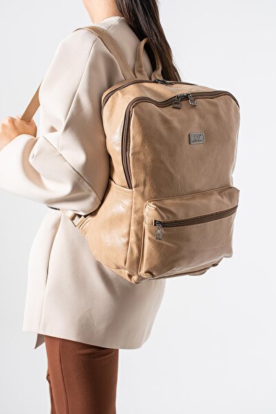 571 Collections Çanta حقيبة ظهر من الجلد الصناعي (بولي يوريثان) باللون البيج موديل: (571-14-16G)