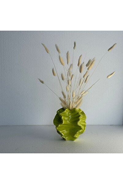 MirageBotanics مزهرية سيراميكية حديثة متموجة مع سيقان ذيل أرنب مجففة