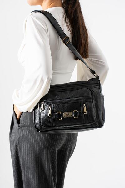 H&D COLLECTİON Washed Leather Crossbody Shoulder Bag Polyurethane Leather Black Model:(571-14-16F)