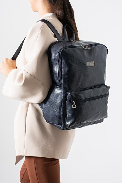 571 Collections Çanta Faux Leather Washed Backpack (Polyurethane) Navy Blue Model: (571-14-16g)