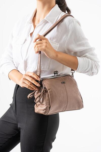 H&D COLLECTİON Washed Leather Clip-On Zippered 3 Compartment Scholarship Shoulder Bag Mink Model:(571-13t)