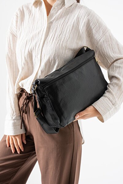 571 Collections Çanta Washed Leather Crossbody Shoulder Bag Polyurethane Leather Black Model:(571-14-16B)