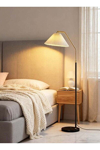 X SPRING LED Floor Lamp with Pleated Fabric Shade & Stable Metal Base