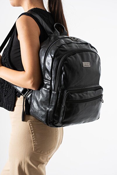571 Collections Çanta Faux Leather Washed Backpack (Polyurethane) Black Model:(571-14-16H)