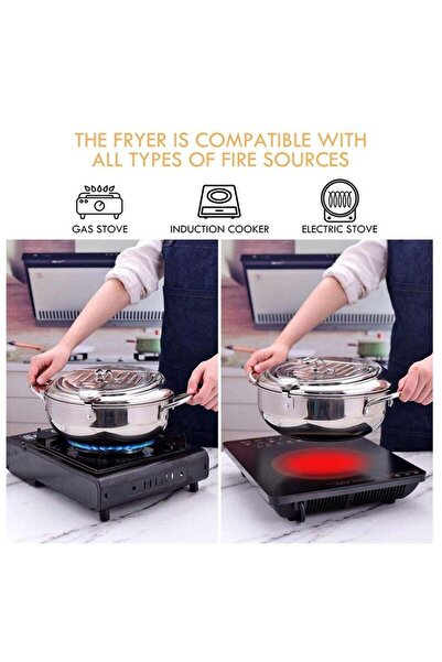 Generic Japanese Style Tempura Fryer Pot - 304 Stainless Steel, Temperature Control & Lid, 9.4 Diameter