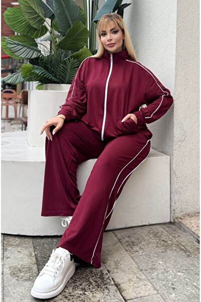Butik Nilyam Women's Plus Size Double Piped Detail Stretch Fabric Cardigan Tracksuit Set 25080