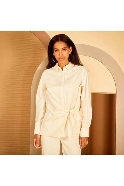 KİABİ Blouse with shirt collar and bow on the front BEIGE