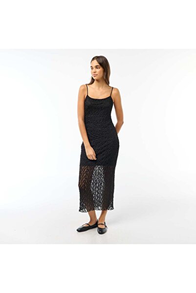 KİABİ Long lace dress with narrow straps BLACK