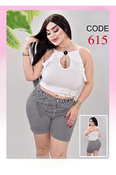Nice Model White Ruffle Top with Striped Shorts Set Plus Size Two Piece Outfit Summer Casual Wear