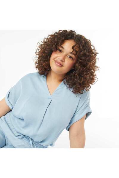 KİABİ Blouse with mandarin collar and short roll-up sleeves BLUE