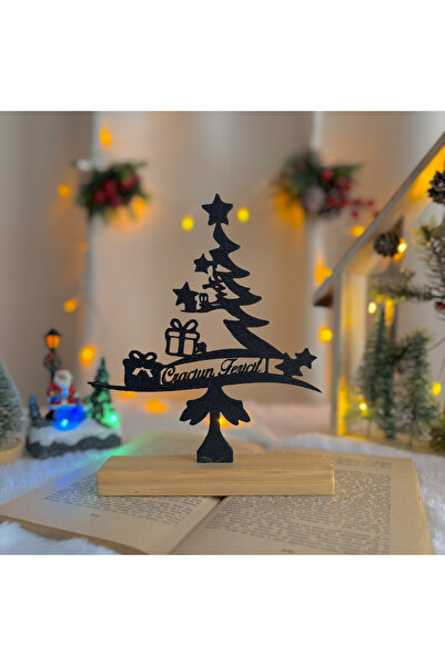 DECORADI Decoratiune Craciun, Brad "Craciun Fericit", Baza din Lemn , Negru, 20.5cm, Cadou Craciun