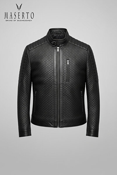 MASERTO معطف رجالي أسود من جلد الخروف الأصلي المبطن والمنقوش بياقة كايمينج