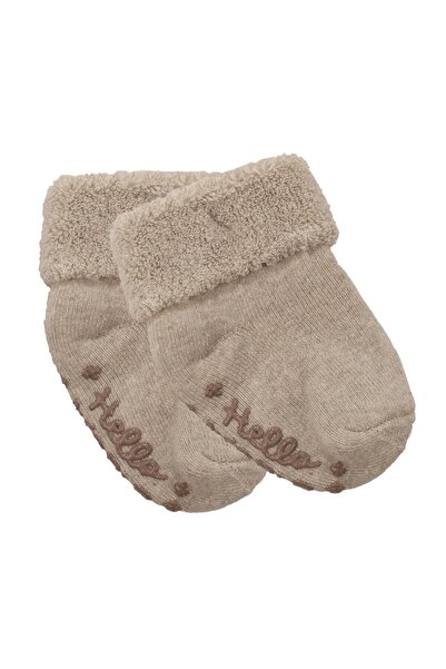 bebegen Unisex Beige Curled Hello Non-Slip Sole Towel Socks
