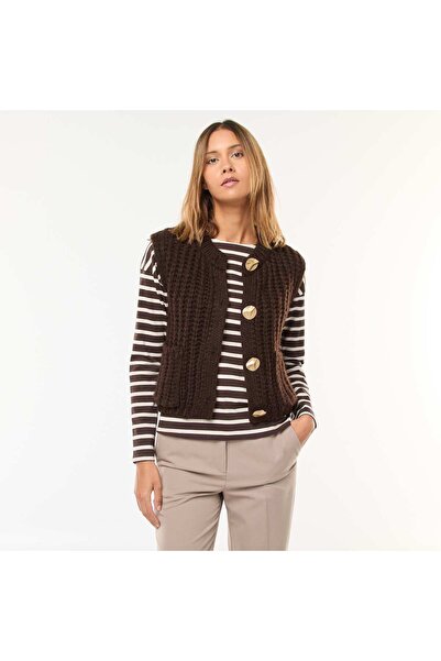 KİABİ Sleeveless Cardigan with Large Hammered Button Opening BROWN