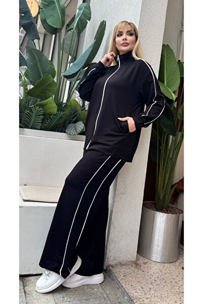 Butik Nilyam Γυναικείο Σετ Φούτερ Ζακέτα Μεγάλου Μεγέθους Διπλό διακοσμητικό ρέλι ελαστικό ύφασμα 25080