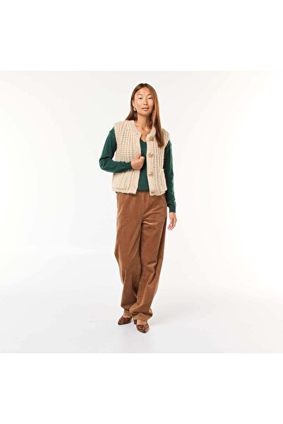 KİABİ Sleeveless Cardigan with Large Hammered Button Opening BEIGE