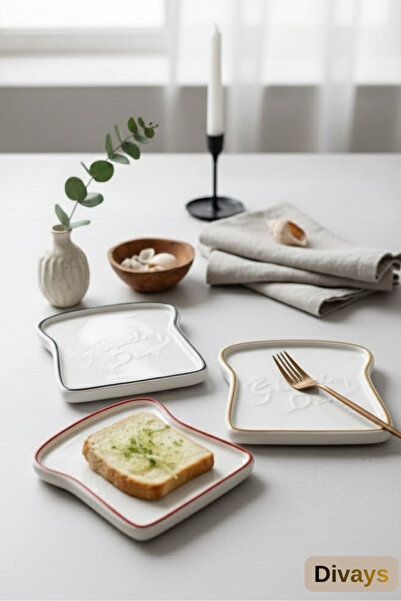 DİVAYS Set of 4 Ceramic Toast Shaped Breakfast Plates |   Bread Slice Presentation Plate