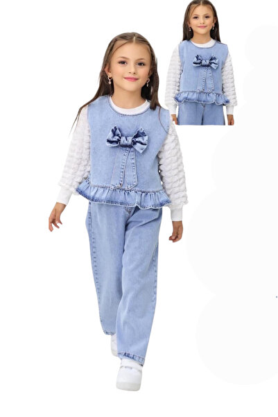 NURTOPU Set pentru fetiță, 3 piese, blugi moi, blugi elastici și țesătură din...