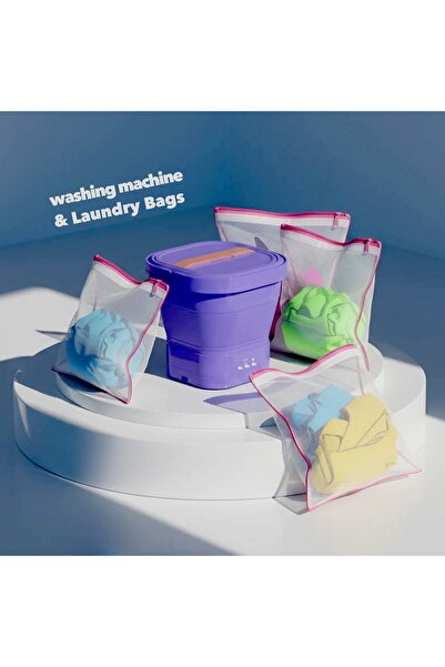 Generic 8L portable folding washing machine with drain basket plus 7-piece pink zipper laundry bag set.