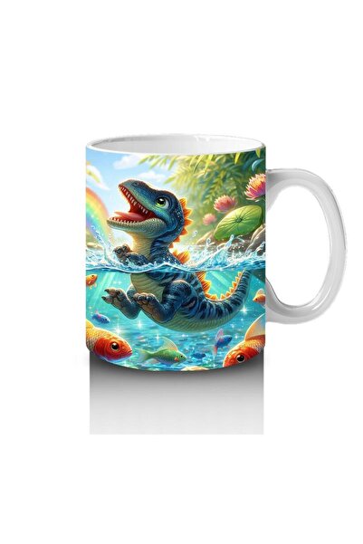 Wisdom Rain Dinosaur and Fish Patterned Mug Cup Floating in a Pond That Makes Children Love Milk