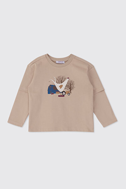 Panço Erkek Bebek Uzun Kollu Baskılı Bej Tişört